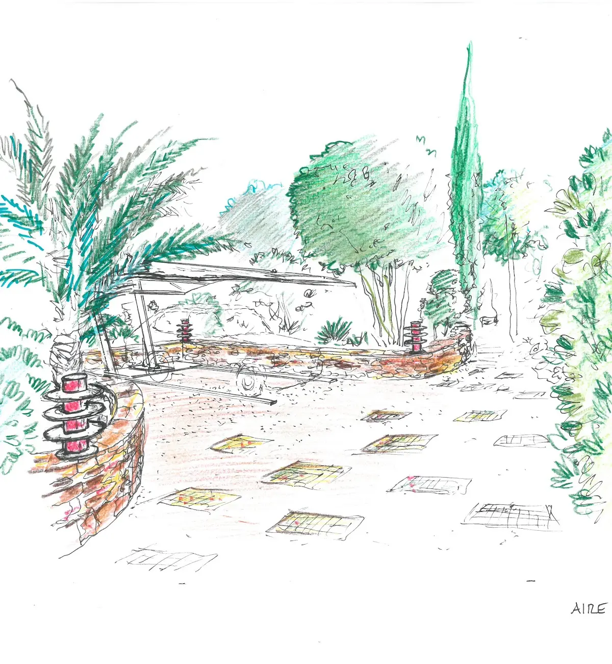 Perspective aquarellée d'un jardin méditerranéen