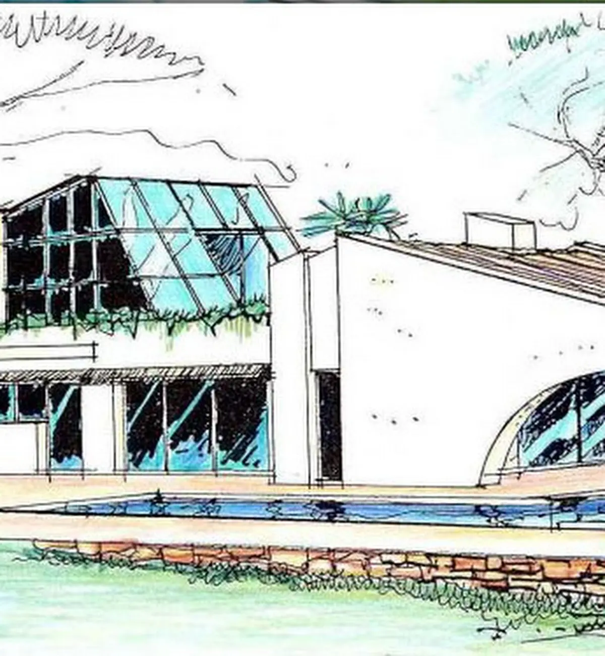 Esquisse d'une maison avec verrière et piscine