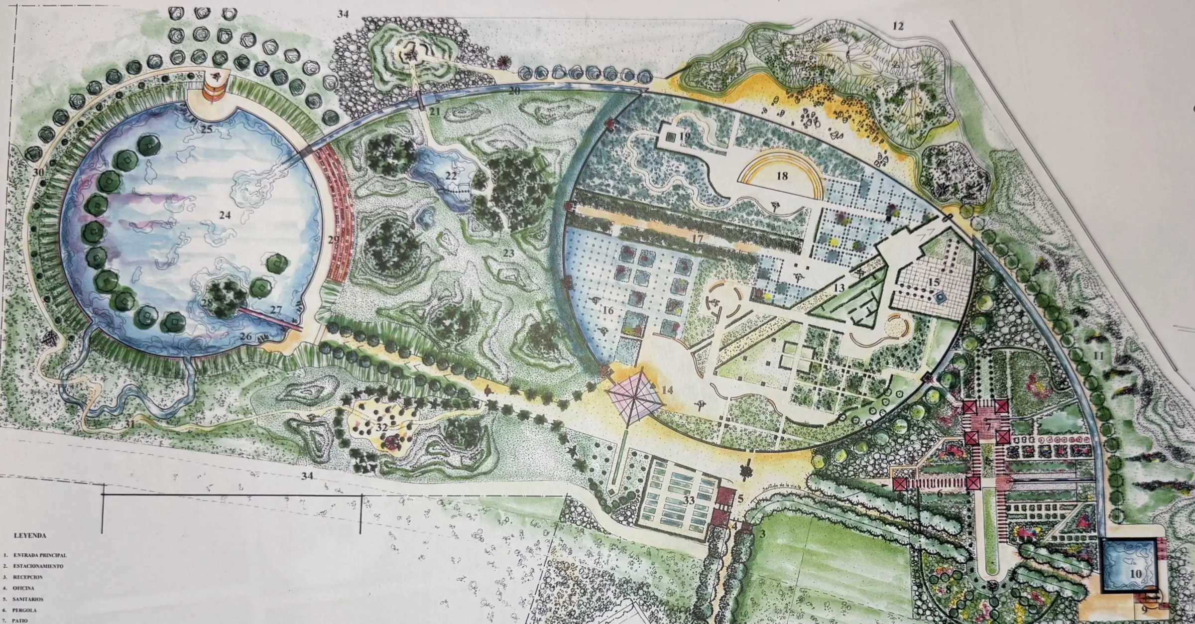Plan masse aquarellé d'un parc paysager