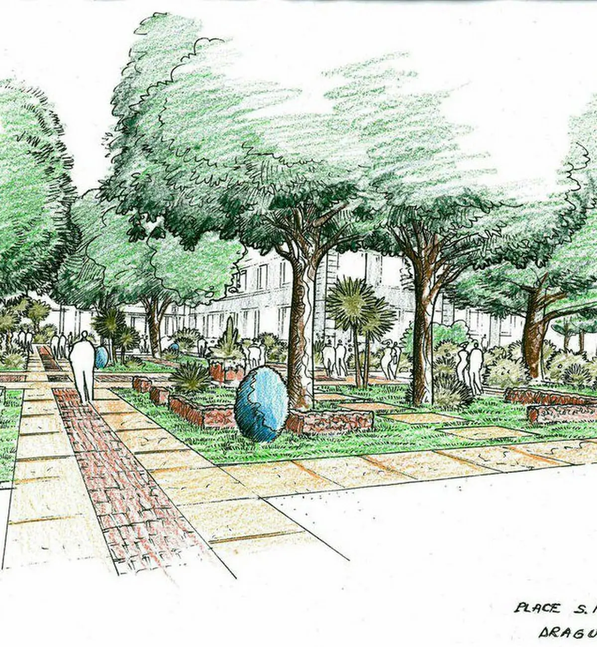 Perspective d'une place plantée d'arbres