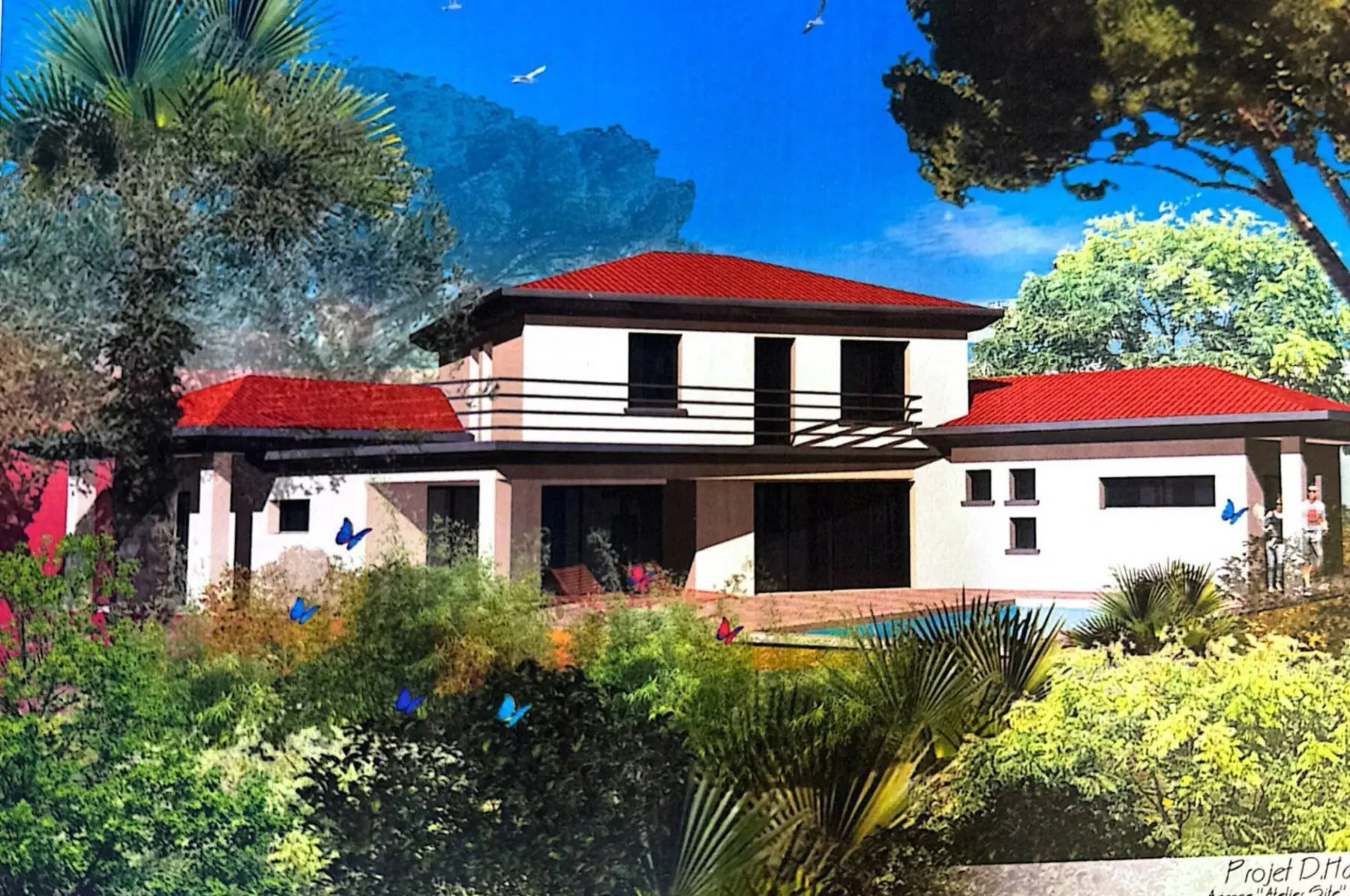 Perspective d'une villa contemporaine à toits de tuiles rouges dans un jardin méditerranéen