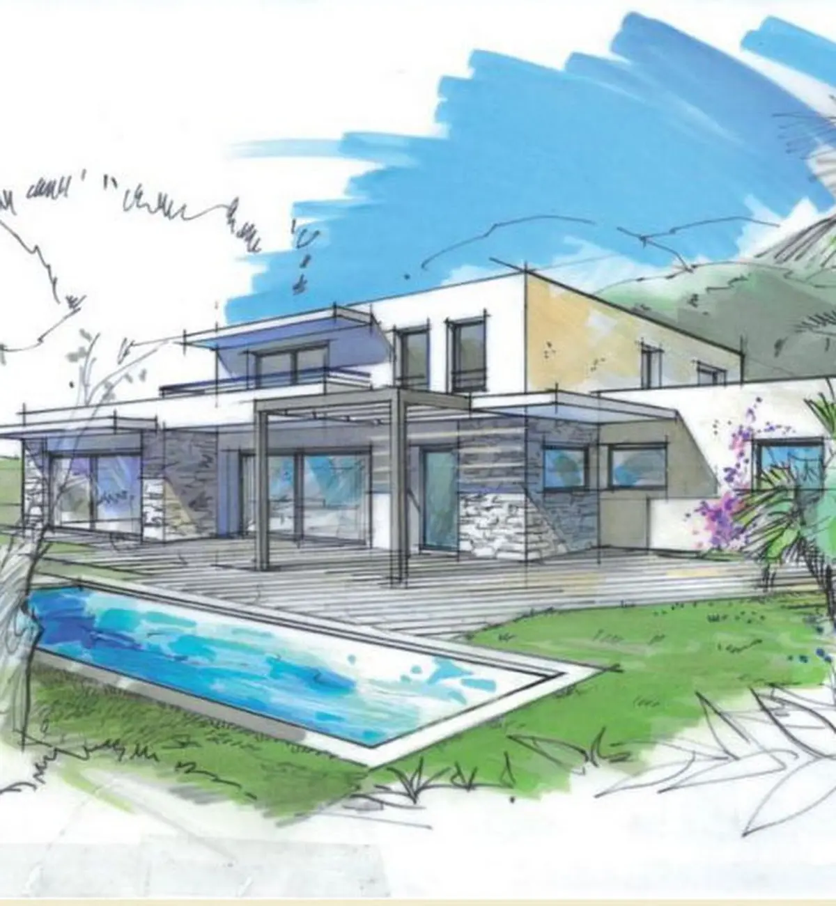 Esquisse d'une villa contemporaine avec piscine